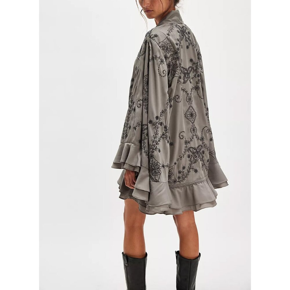 Free People Gray Embroidered Ruffle Mini Dress - Picture 8 of 11